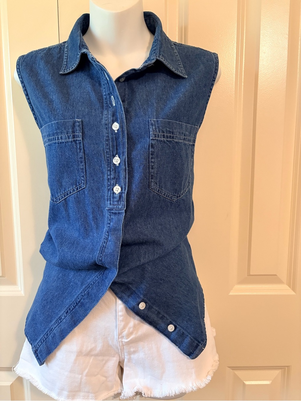 Sleeveless Dark Blue Denim Button-Up Shirt, size M